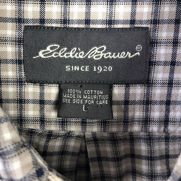 Eddie Bauer Button Down Shirt Mens L Tan Blue Checkered Plaid 100% Cotton Casual - Picture 8 of 10